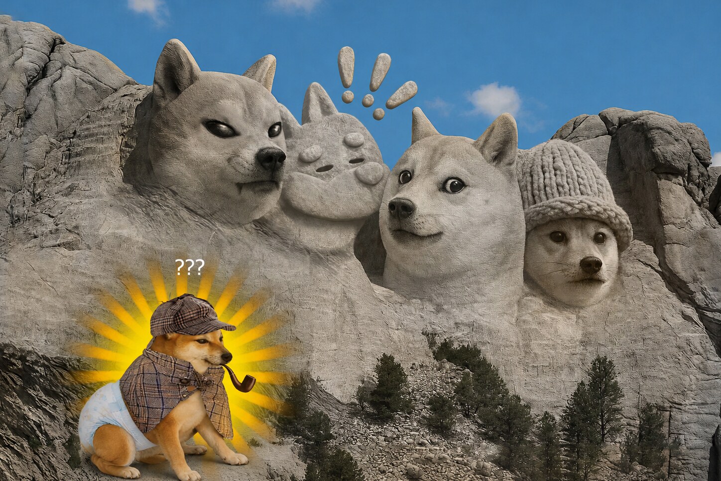 A Mount Rushmore of dogs with a confused baby pipedog in front